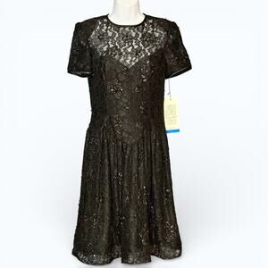 Vintage 80s Morton Myles Black Sequined Lace Cocktail Dress Basque Waist 4 NWT